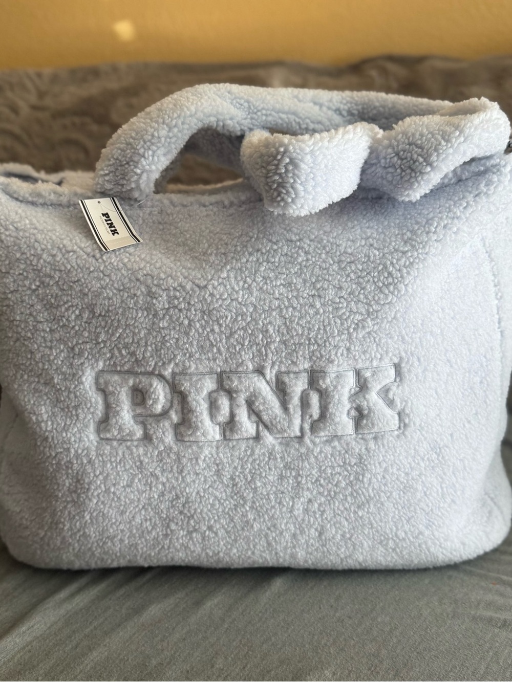 PINK Victoria's Secret Sherpa Tote in Light Blue-Gray